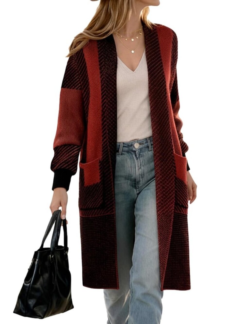 Women's Long Cardigan Sweater Color Block Chunky Open Front 2026 Knit Coat